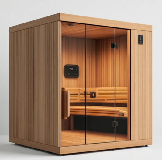 High End 4-Person Light Tan Wooden Sauna